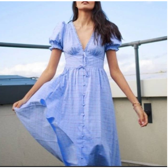 Hill House Dresses & Skirts - Hill House Sabrina nap midi v neck puff sleeve blue plaid dress